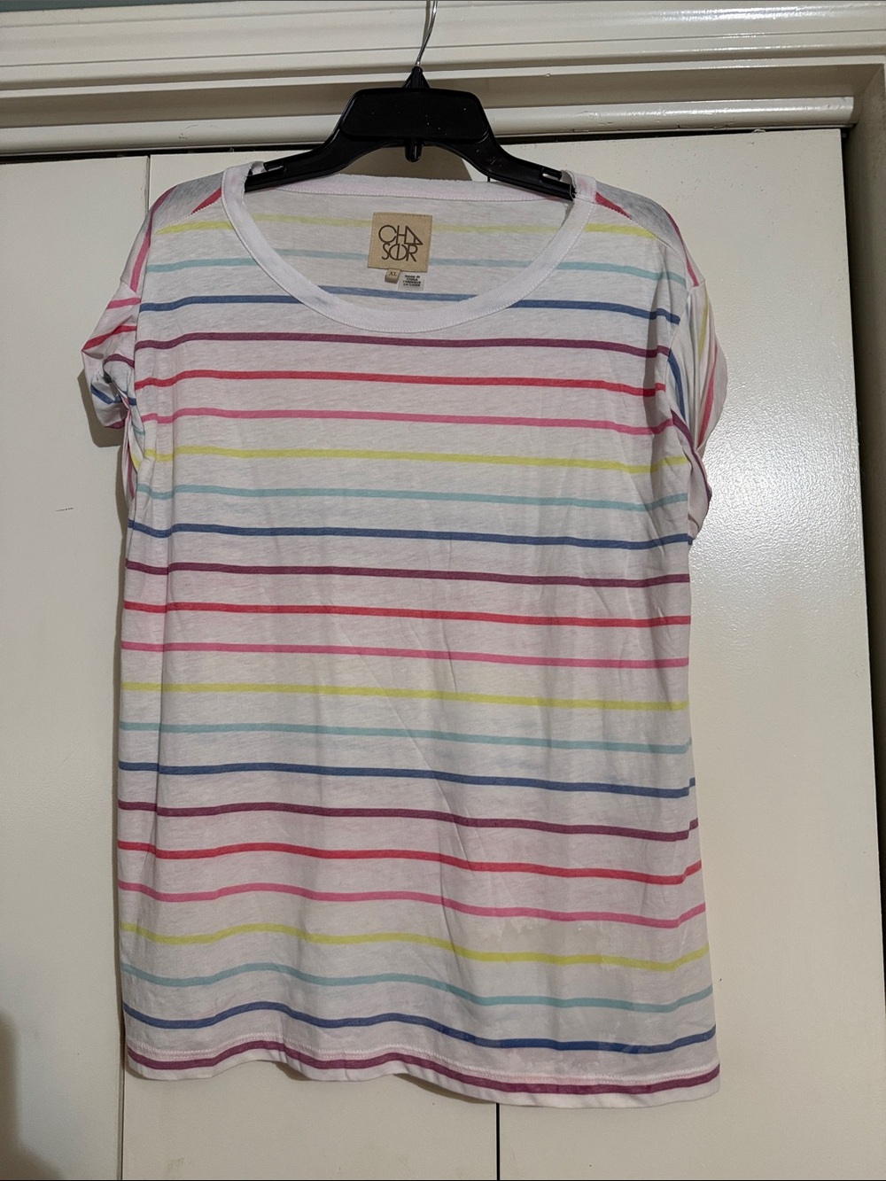 Chaser Womens White Tee with Pink, Blue, Yellow & Purple Stripes